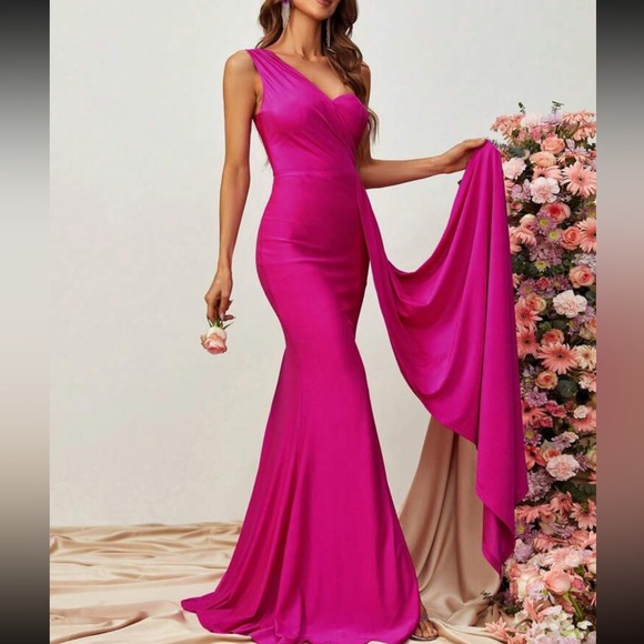 Luxe one shoulder slit thighs party formal evening bridesmaids wedding dress - Picture 2 of 6